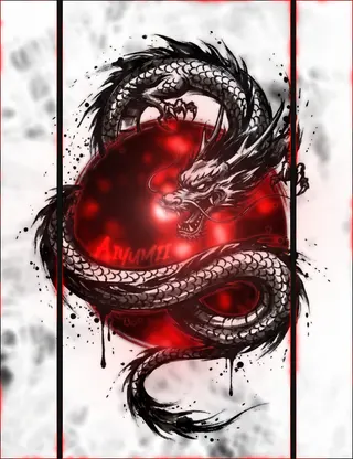 Red dragon coiled around a blood moon
